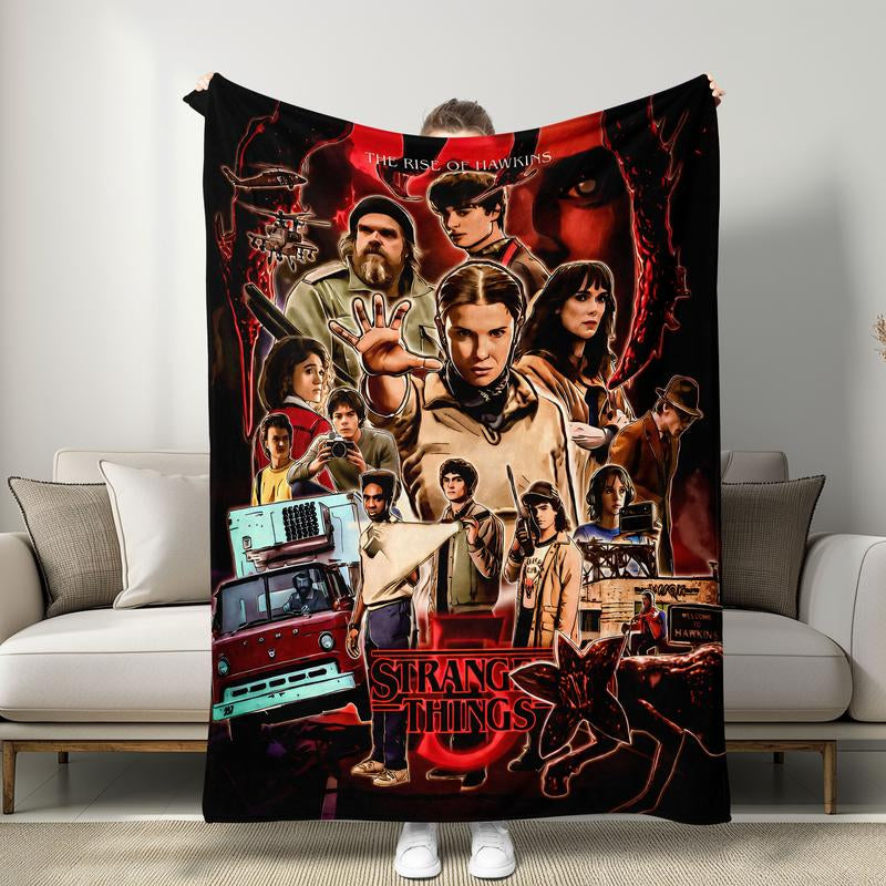 Stranger Things Dark Cool Blanket, Full Print Classic Characters & Elements, Block Design, Soft Skin-Friendly Fabric