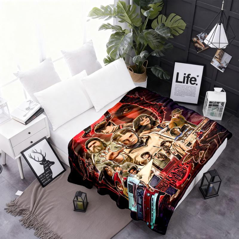 Stranger Things Dark Cool Blanket, Full Print Classic Characters & Elements, Block Design, Soft Skin-Friendly Fabric
