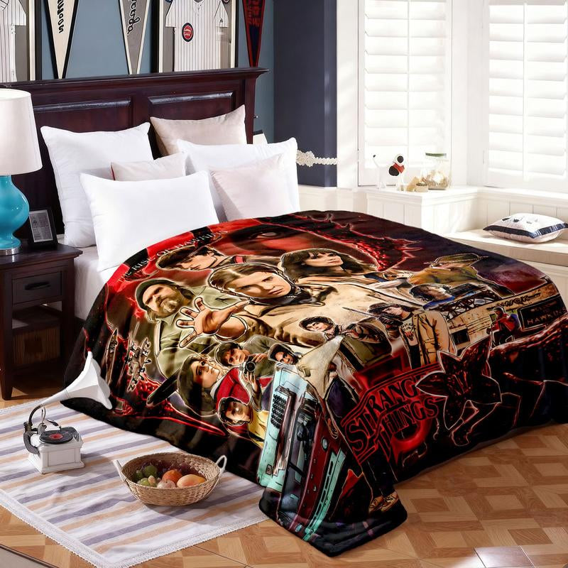 Stranger Things Dark Cool Blanket, Full Print Classic Characters & Elements, Block Design, Soft Skin-Friendly Fabric