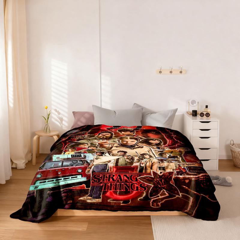 Stranger Things Dark Cool Blanket, Full Print Classic Characters & Elements, Block Design, Soft Skin-Friendly Fabric